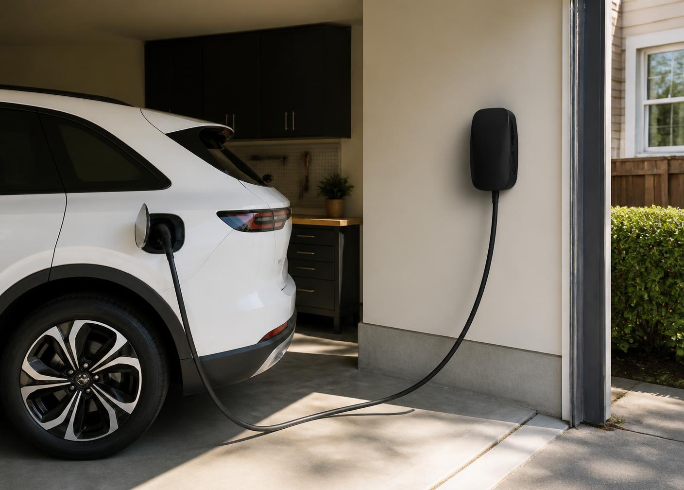 Cargador eléctrico instalado en una cochera residencial con un vehículo conectado